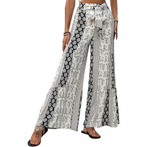Wide Leg Palazzo Pants for Women Casual Soft High Waisted Boho Print Pants Loose Comfort Stretch Pants