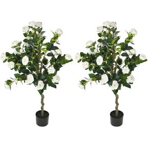 DWVO 4FT Artificial White Camellia Tree with 30 LED Lights, Faux Blooming Plant for Home Office Outdoor Decoration, Greenery Potted Christmas Decor