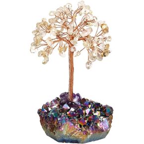 Peridot Crystal Tree with Rainbow Titanium Coated Raw Crystal Cluster Base for Reiki Healing, Handmade Wire Wrapped Stone Money Tree Bonsai Feng Shui Home Decor