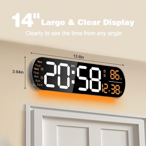 Digital Wall Clock Large Display,14'' Big LED Digital Clock with Remote,9 RGB Color Night Light,Date Week,Temperature,DST,Alarm,Timer, Auto Dimmable,for Living Room Bedroom Office Elderly Home Decor in Saudi Arabia