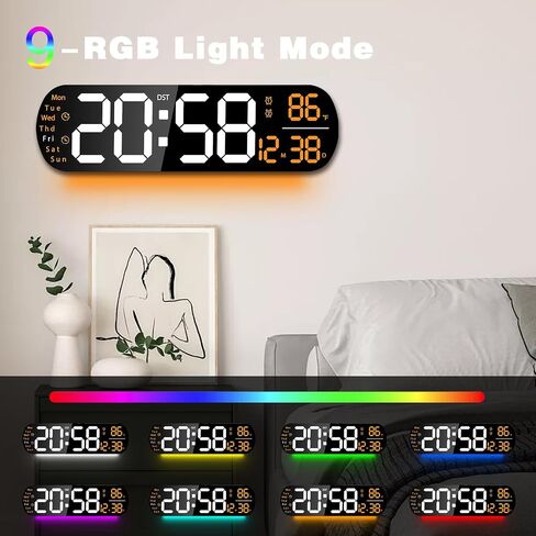 Digital Wall Clock Large Display,14'' Big LED Digital Clock with Remote,9 RGB Color Night Light,Date Week,Temperature,DST,Alarm,Timer, Auto Dimmable,for Living Room Bedroom Office Elderly Home Decor in Saudi Arabia