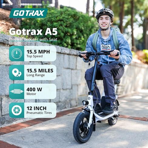 سكوتر كهربائي Gotrax A5 مع مقعد للبالغين، 15.5 ميل و15.5 ميل في الساعة بواسطة محرك 400 واط، ممتص صدمات خلفي مزدوج وإطار هوائي 12 بوصة، سكوتر E Commuter مع سلة حمل (أبيض) in Kuwait