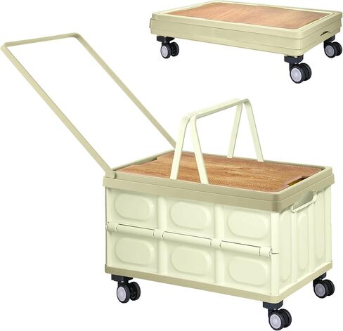 Folding Rolling Cart with Wheels - Portable Utility Cart with Wooden Lid, Collapsible Crate for Storage, 1.5 Cubic Feet Larger Capacity Shopping Cart, Grocery Cart on 1.8" Wheels (White) in Saudi Arabia