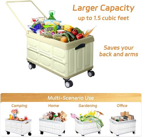 Folding Rolling Cart with Wheels - Portable Utility Cart with Wooden Lid, Collapsible Crate for Storage, 1.5 Cubic Feet Larger Capacity Shopping Cart, Grocery Cart on 1.8" Wheels (White) in Saudi Arabia
