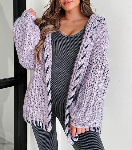Womens 2024 Hooded Cardigan Sweaters Chunky Knit Stitch Edged Batwing Sleeve Fall Winter Loose Outerwear Coats in Saudi Arabia