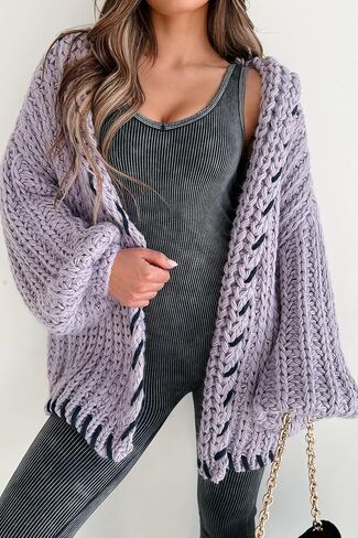 Womens 2024 Hooded Cardigan Sweaters Chunky Knit Stitch Edged Batwing Sleeve Fall Winter Loose Outerwear Coats in Saudi Arabia