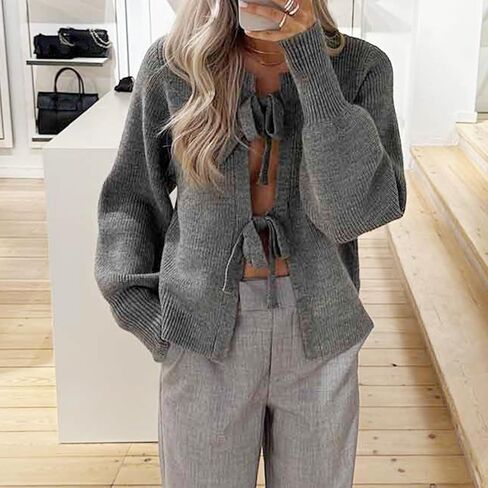 Y2k Girls Tie Front Knitwear Cardigan Top Women Long Sleeve Open Front Knitted Crop Cardigan Sweater Streetwear in Kuwait