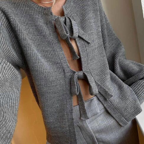 Y2k Girls Tie Front Knitwear Cardigan Top Women Long Sleeve Open Front Knitted Crop Cardigan Sweater Streetwear in Kuwait