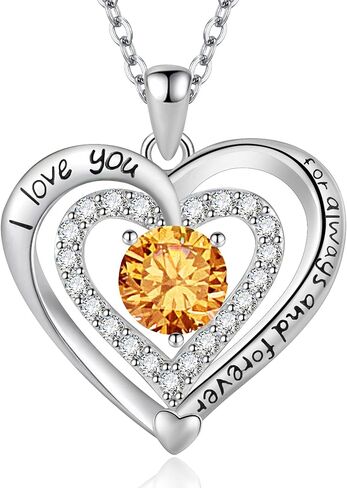 Always and Forever Double Heart Necklace for Women, I Love You Necklace with Cubic Zirconia, Birthstone Available, Romantic Jewelry Gift for Wife, Mom, Daughter, Girlfriend, Perfect for Mother's Day, Anniversary, Birthday, Valentine's Day in Kuwait