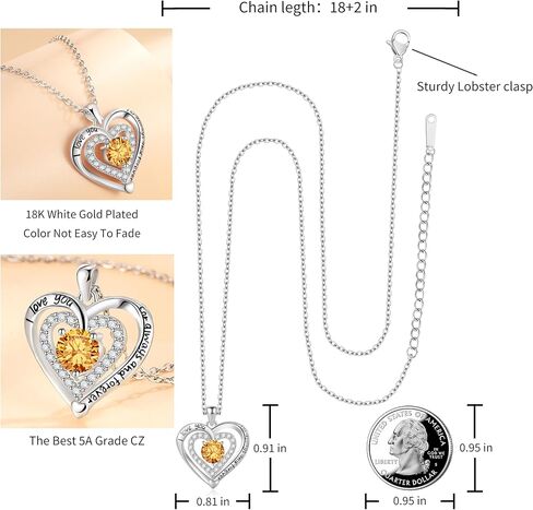 Always and Forever Double Heart Necklace for Women, I Love You Necklace with Cubic Zirconia, Birthstone Available, Romantic Jewelry Gift for Wife, Mom, Daughter, Girlfriend, Perfect for Mother's Day, Anniversary, Birthday, Valentine's Day in Kuwait