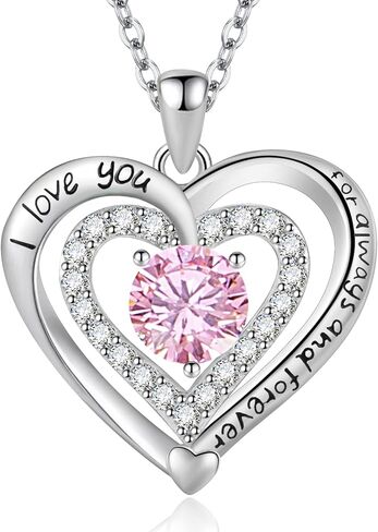 Always and Forever Double Heart Necklace for Women, I Love You Necklace with Cubic Zirconia, Birthstone Available, Romantic Jewelry Gift for Wife, Mom, Daughter, Girlfriend, Perfect for Mother's Day, Anniversary, Birthday, Valentine's Day in Kuwait