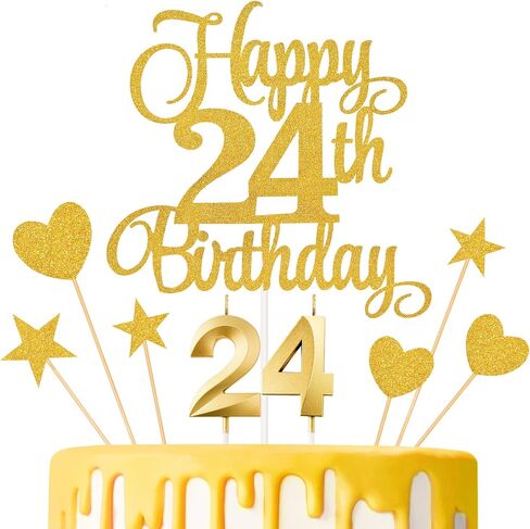 24th Birthday Cake Decorations, 24th Birthday Candles Cake Numeral Candles and Glitter Happy 24th Birthday Cake Toppers Set for Birthday Party Supplies (Gold) in Kuwait