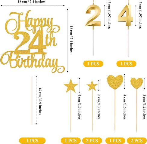 24th Birthday Cake Decorations, 24th Birthday Candles Cake Numeral Candles and Glitter Happy 24th Birthday Cake Toppers Set for Birthday Party Supplies (Gold) in Kuwait