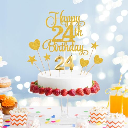 24th Birthday Cake Decorations, 24th Birthday Candles Cake Numeral Candles and Glitter Happy 24th Birthday Cake Toppers Set for Birthday Party Supplies (Gold) in Kuwait