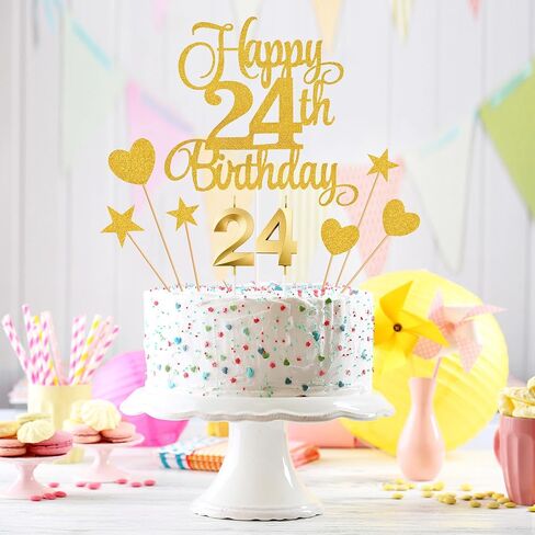 24th Birthday Cake Decorations, 24th Birthday Candles Cake Numeral Candles and Glitter Happy 24th Birthday Cake Toppers Set for Birthday Party Supplies (Gold) in Kuwait
