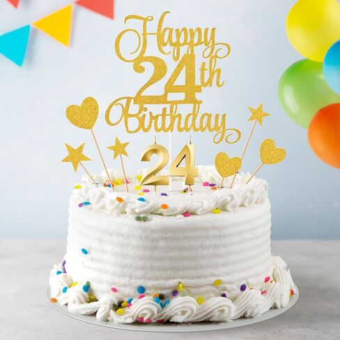24th Birthday Cake Decorations, 24th Birthday Candles Cake Numeral Candles and Glitter Happy 24th Birthday Cake Toppers Set for Birthday Party Supplies (Gold) in Kuwait