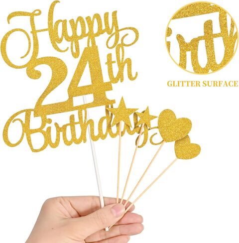 24th Birthday Cake Decorations, 24th Birthday Candles Cake Numeral Candles and Glitter Happy 24th Birthday Cake Toppers Set for Birthday Party Supplies (Gold) in Kuwait