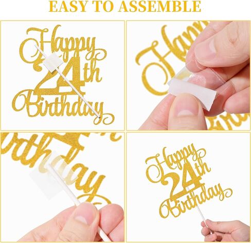 24th Birthday Cake Decorations, 24th Birthday Candles Cake Numeral Candles and Glitter Happy 24th Birthday Cake Toppers Set for Birthday Party Supplies (Gold) in Kuwait