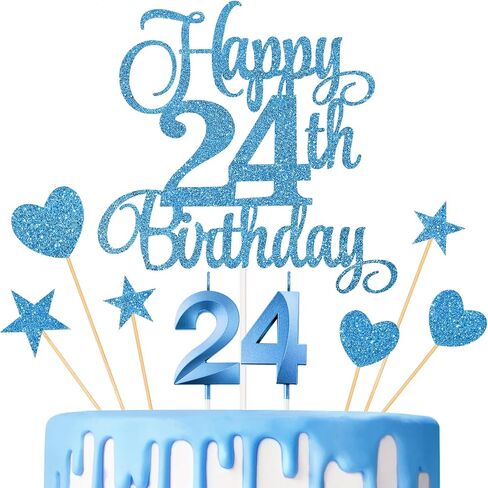 24th Birthday Cake Decorations, 24th Birthday Candles Cake Numeral Candles and Glitter Happy 24th Birthday Cake Toppers Set for Birthday Party Supplies (Gold) in Kuwait