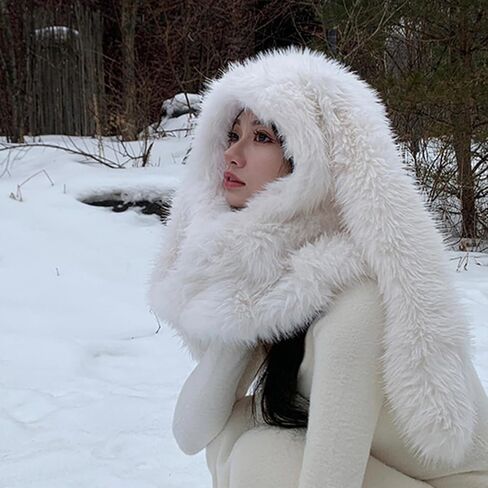 Furry Plush Balaclava Cap for Women Girl Rabbit Ear Thicken Warm Hat Winter Hooded Face Cover Hat in Saudi Arabia