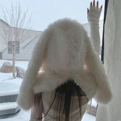 Furry Plush Balaclava Cap for Women Girl Rabbit Ear Thicken Warm Hat Winter Hooded Face Cover Hat in Saudi Arabia