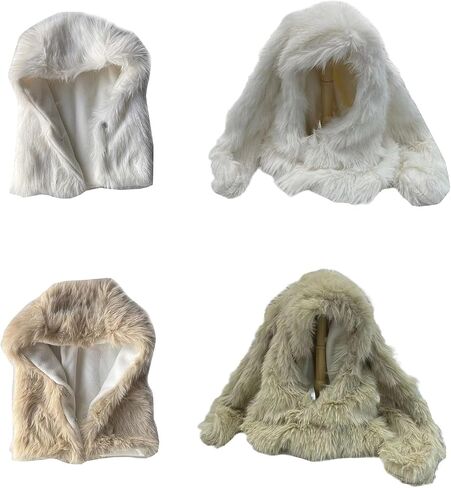 Furry Plush Balaclava Cap for Women Girl Rabbit Ear Thicken Warm Hat Winter Hooded Face Cover Hat in Saudi Arabia