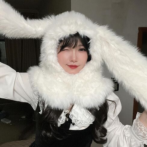 Furry Plush Balaclava Cap for Women Girl Rabbit Ear Thicken Warm Hat Winter Hooded Face Cover Hat in Saudi Arabia