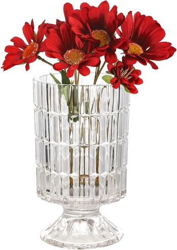 VanEnjoy Pedestal Base Glass Vase Wide Mouth vases for Flowers, Embossed Flower Vase Decorative for Home Office Wedding Holiday Party - 9 inches Stripe in Kuwait