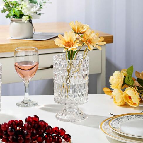 VanEnjoy Pedestal Base Glass Vase Wide Mouth vases for Flowers, Embossed Flower Vase Decorative for Home Office Wedding Holiday Party - 9 inches Stripe in Kuwait