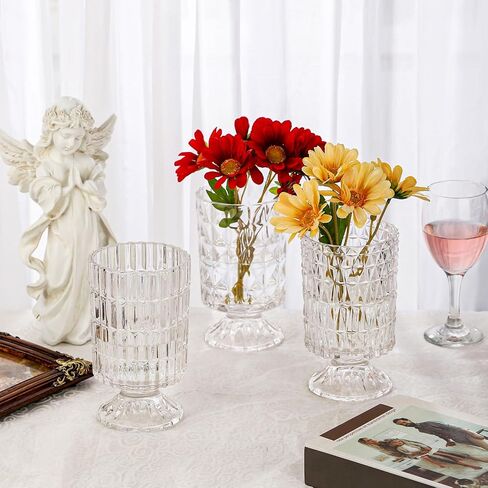 VanEnjoy Pedestal Base Glass Vase Wide Mouth vases for Flowers, Embossed Flower Vase Decorative for Home Office Wedding Holiday Party - 9 inches Stripe in Kuwait