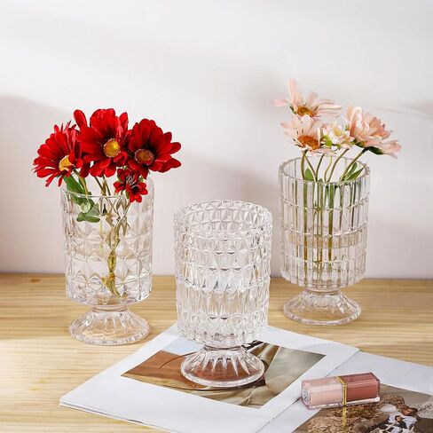 VanEnjoy Pedestal Base Glass Vase Wide Mouth vases for Flowers, Embossed Flower Vase Decorative for Home Office Wedding Holiday Party - 9 inches Stripe in Kuwait