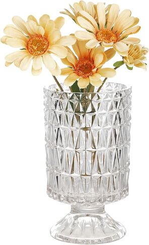 VanEnjoy Pedestal Base Glass Vase Wide Mouth vases for Flowers, Embossed Flower Vase Decorative for Home Office Wedding Holiday Party - 9 inches Stripe in Kuwait