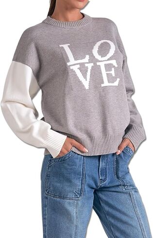 ELAN Women's Love Colorblock Long Sleeve Pullover Sweater in Kuwait