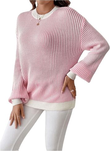 GORGLITTER Women's Fall Outfits 2024 Striped Crochet Sweater Colorblock Pullover Tops in Saudi Arabia