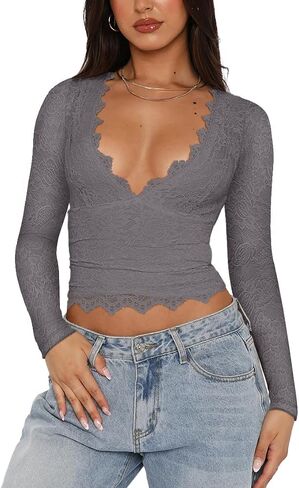 REORIA Womens Sexy V-Neck Long Sleeve Shirts Double Lined Slim Fitted Trendy Lace Y2K Going Out Crop Top in Saudi Arabia
