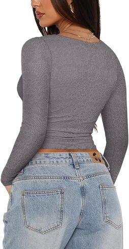 REORIA Womens Sexy V-Neck Long Sleeve Shirts Double Lined Slim Fitted Trendy Lace Y2K Going Out Crop Top in Saudi Arabia