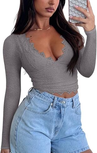 REORIA Womens Sexy V-Neck Long Sleeve Shirts Double Lined Slim Fitted Trendy Lace Y2K Going Out Crop Top in Saudi Arabia