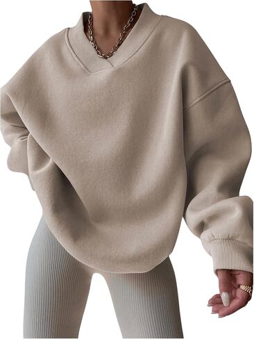 GORGLITTER Women's Casual Long Sleeve Oversized Sweatshirt Solid Loose V Neck Pullover Tops in Saudi Arabia