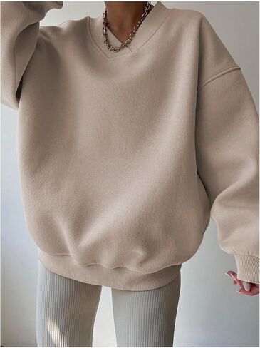 GORGLITTER Women's Casual Long Sleeve Oversized Sweatshirt Solid Loose V Neck Pullover Tops in Saudi Arabia