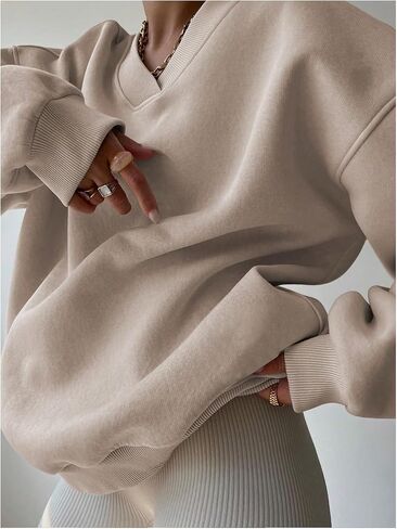 GORGLITTER Women's Casual Long Sleeve Oversized Sweatshirt Solid Loose V Neck Pullover Tops in Saudi Arabia
