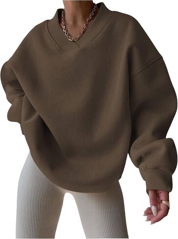 GORGLITTER Women's Casual Long Sleeve Oversized Sweatshirt Solid Loose V Neck Pullover Tops in Saudi Arabia