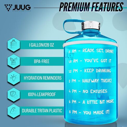 زجاجة مياه سعة 1 جالون من JUUG مع أوقات للشرب - إبريق ماء جالون بمقبض - زجاجة خالية من البيسفينول A مانعة للتسرب سعة 128 أونصة للياقة البدنية في صالة الألعاب الرياضية - زجاجة مياه سعة جالون واحد مع علامات وقت تحفيزية in Saudi Arabia