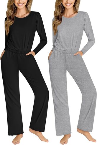 Neer 2 Pack Women's Long Sleeve Pajama Set, Soft Sleepwear Loungewear Two Piece Pjs Sets with Pockets Lettuce Hem in Saudi Arabia