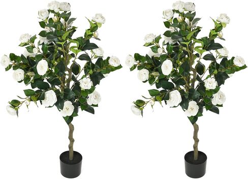 DWVO 4FT Artificial White Camellia Tree with 30 LED Lights, Faux Blooming Plant for Home Office Outdoor Decoration, Greenery Potted Christmas Decor in Saudi Arabia