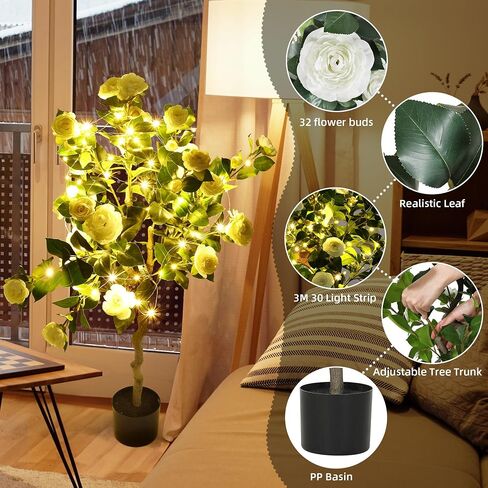 DWVO 4FT Artificial White Camellia Tree with 30 LED Lights, Faux Blooming Plant for Home Office Outdoor Decoration, Greenery Potted Christmas Decor in Saudi Arabia