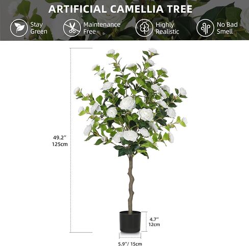DWVO 4FT Artificial White Camellia Tree with 30 LED Lights, Faux Blooming Plant for Home Office Outdoor Decoration, Greenery Potted Christmas Decor in Saudi Arabia