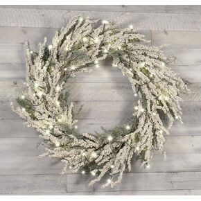 Red Co. 30" Christmas Wreath with White Berries and Cedar, Battery-Operated LED Lights, Artificial Home Décor for Fall and Winter