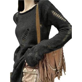 GORGLITTER Women's Hollow Out Ripped Knit Pullover Top Boat Neck Asymmetrical Hem Sweater
