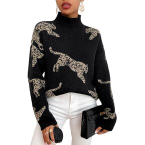 WDIRARA Women's High Neck Sweater Leopard Pattern Long Sleeve Fuzzy Knitted Pullover Top
