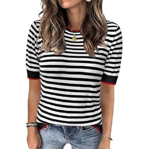 Zeagoo Black and White Tops for Women Short Sleeve Striped Tunic Sweater Lightweight Crewneck Knitted Ladies Blouses